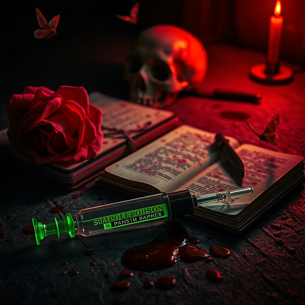 A dark and mysterious scene featuring blood splatters on a cold, hard ground, with a syringe filled with vivid green poison lying next to an old, opened diary