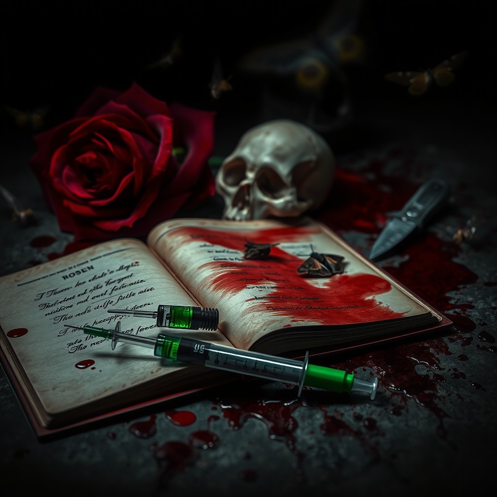 A dark and mysterious scene featuring blood splatters on the ground, accompanied by a syringe filled with green poison next to an old, open diary