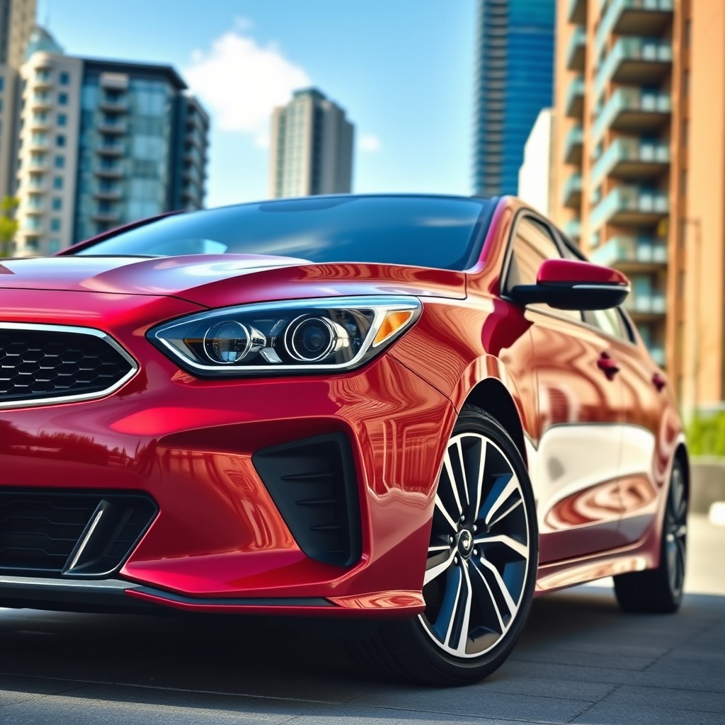 A sleek, stylish 2018 Kia Ceed GT Line parked in an urban setting, showcasing its sporty design with a vibrant red color, dynamic lines, and aggressive front grille