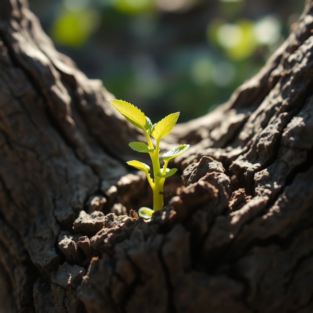 A vibrant green sprout emerging from a dry, weathered trunk, symbolizing new life and resilience