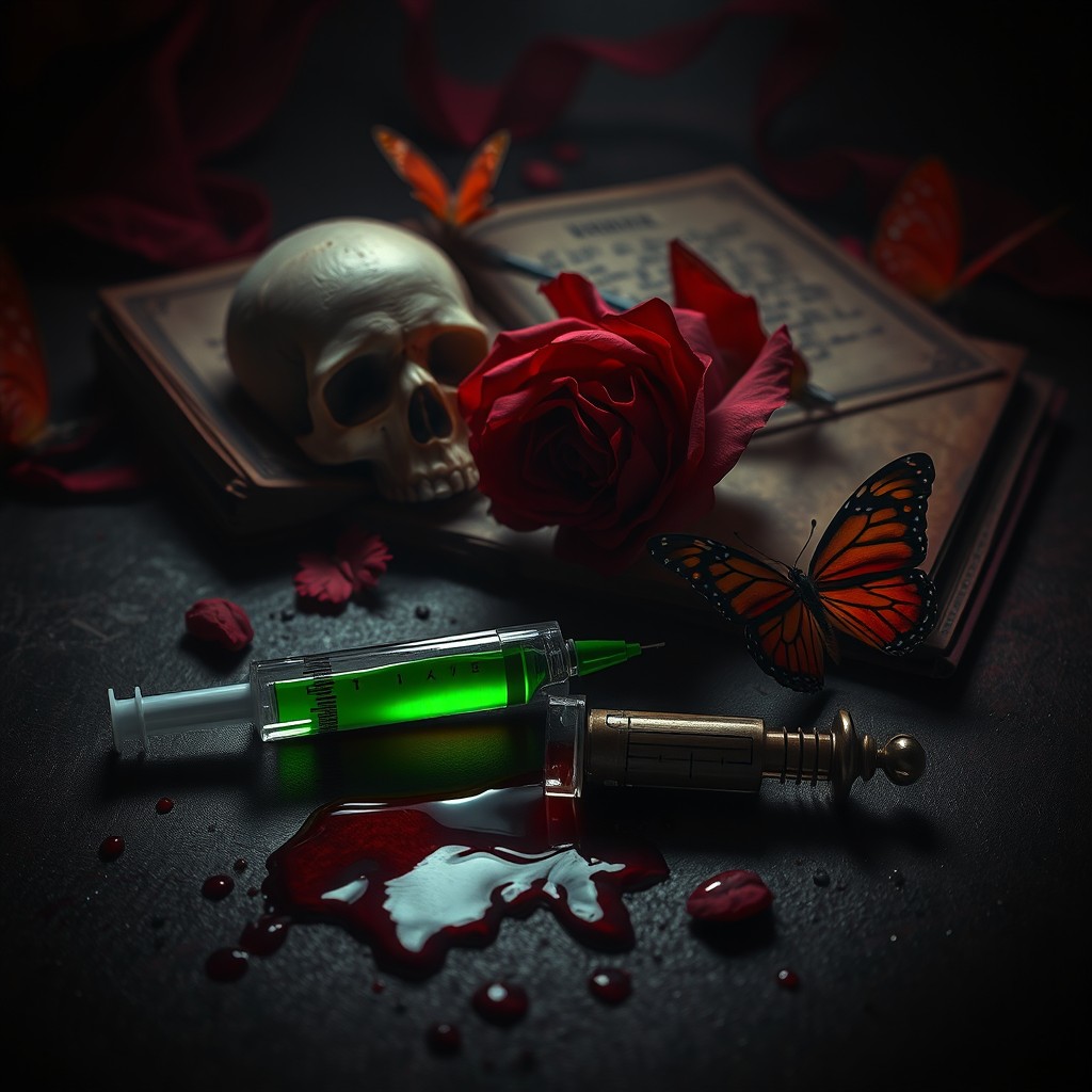 A dark and haunting scene depicting blood spatters on the ground