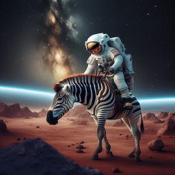 An astronomer riding a zebra in outer space. The zebra is adapted to the environment with astronaut gear.