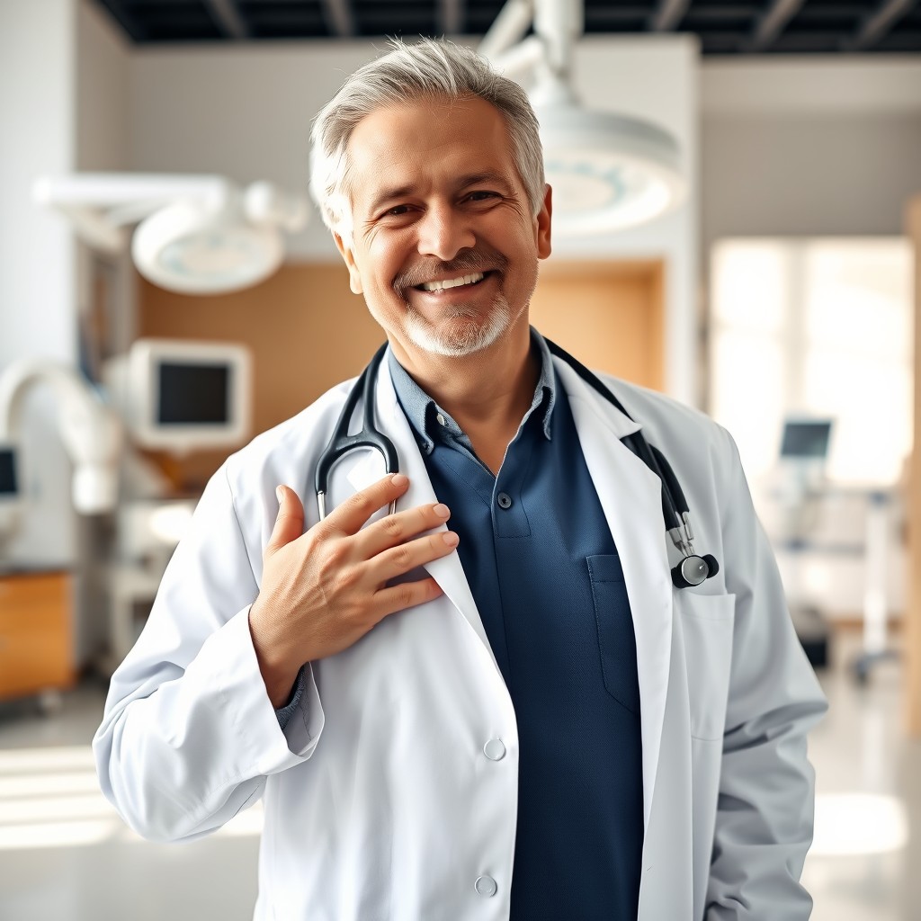 A compassionate doctor dressed in a crisp white coat, standing with one hand placed over their heart, symbolizing dedication and care