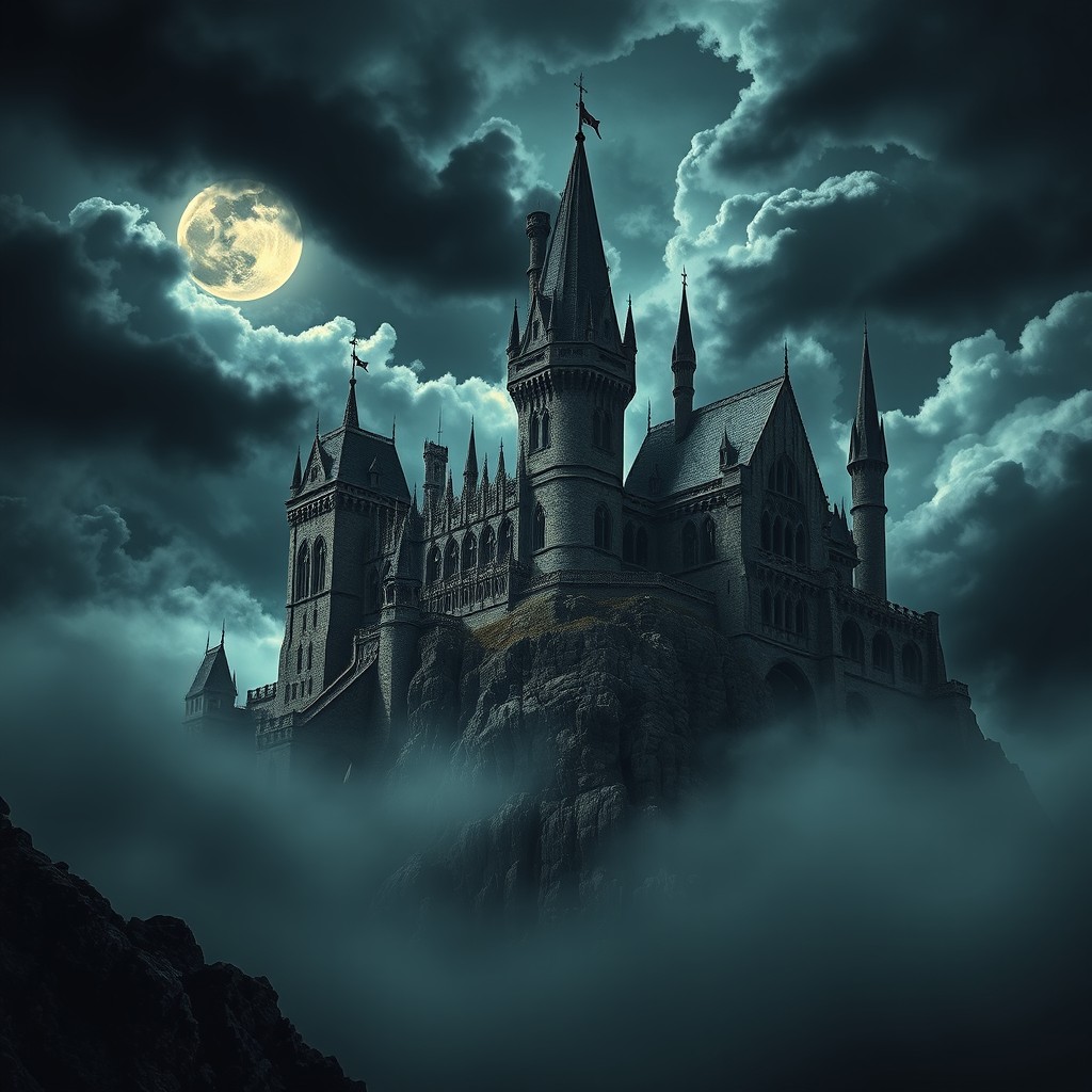 A hauntingly beautiful castle shrouded in an eerie atmosphere, perched majestically atop a rocky cliff