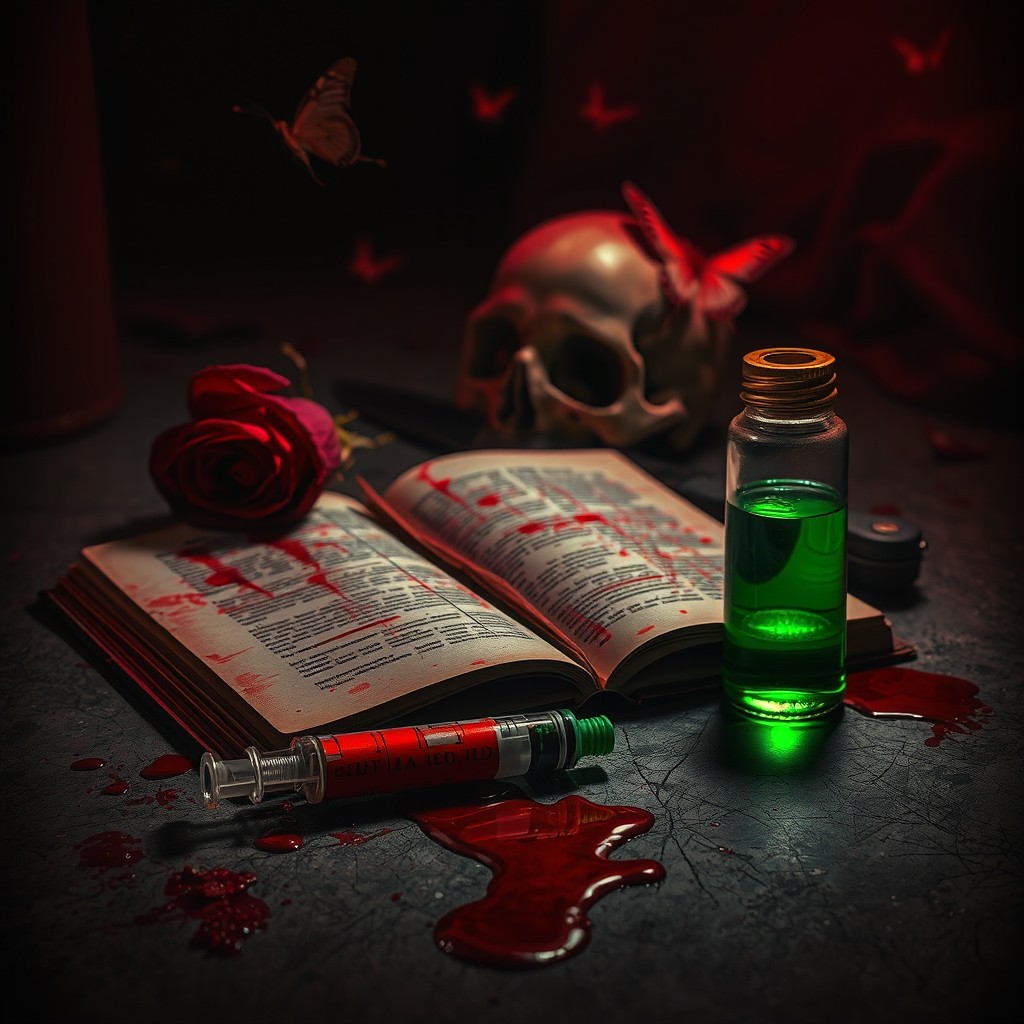 A dark and haunting scene with blood splatters on the ground