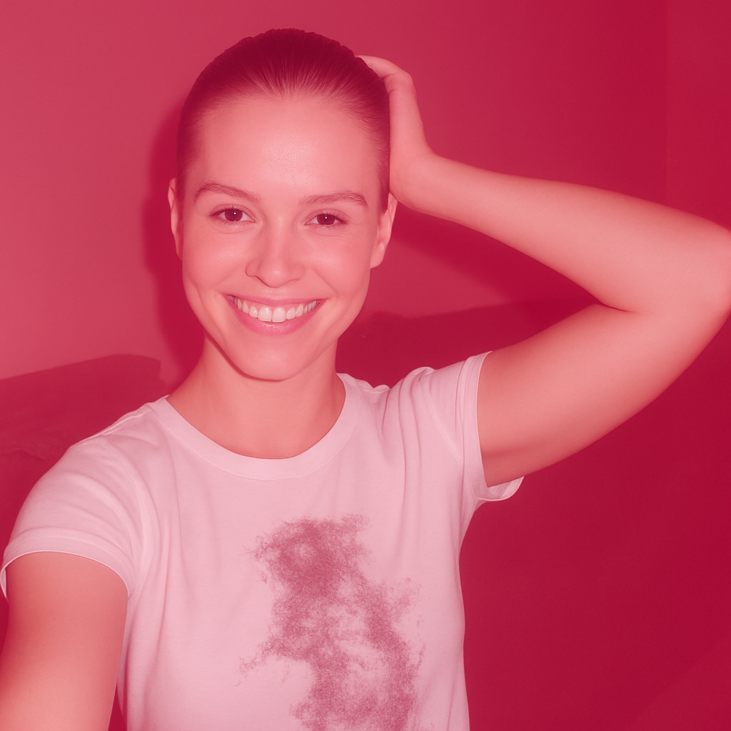 A young woman with slicked back hair and a casual white t-shirt, smiling brightly at the camera
