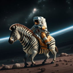 An astronomer riding a zebra in outer space. The zebra is adapted to the environment with astronaut gear.