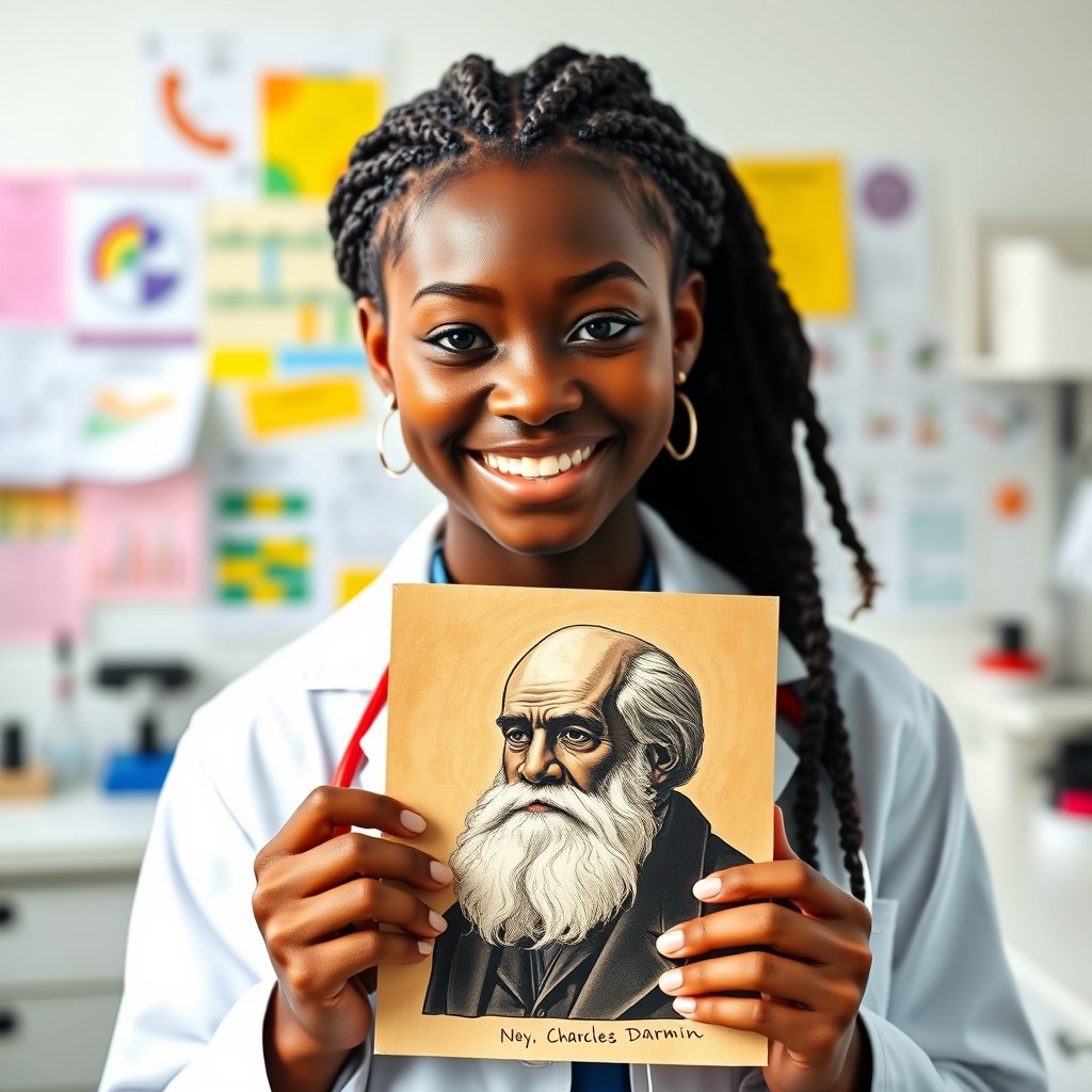 A lightskin Black girl around 17 years old, with stylish box braids in her hair, dressed in a white doctor's coat