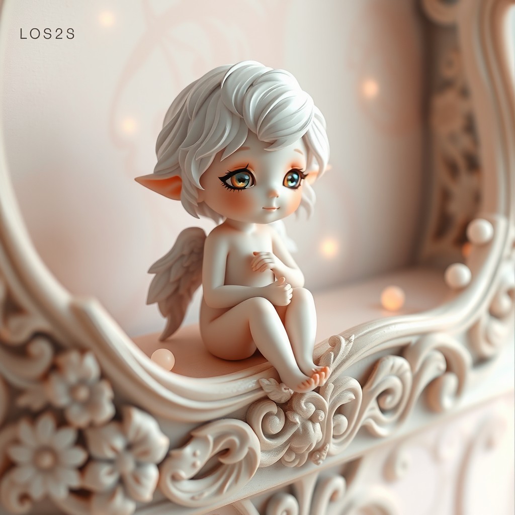 A delicate and pale love-struck character, represented as a charming and ethereal being, sitting gracefully on a carved and intricate ledge