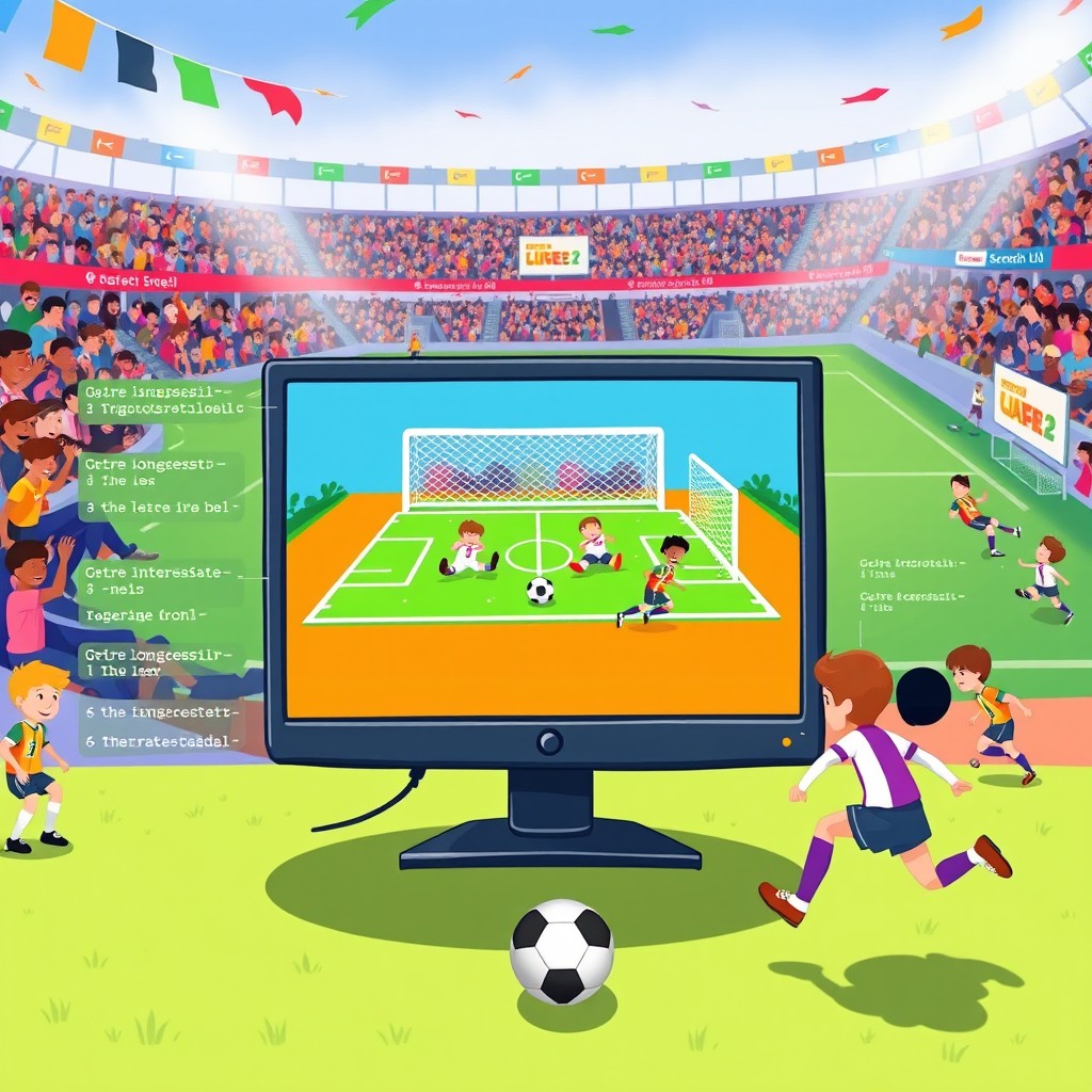 A vibrant and engaging illustration depicting a lively soccer (football) scene being created in Scratch, featuring bright colors and playful characters