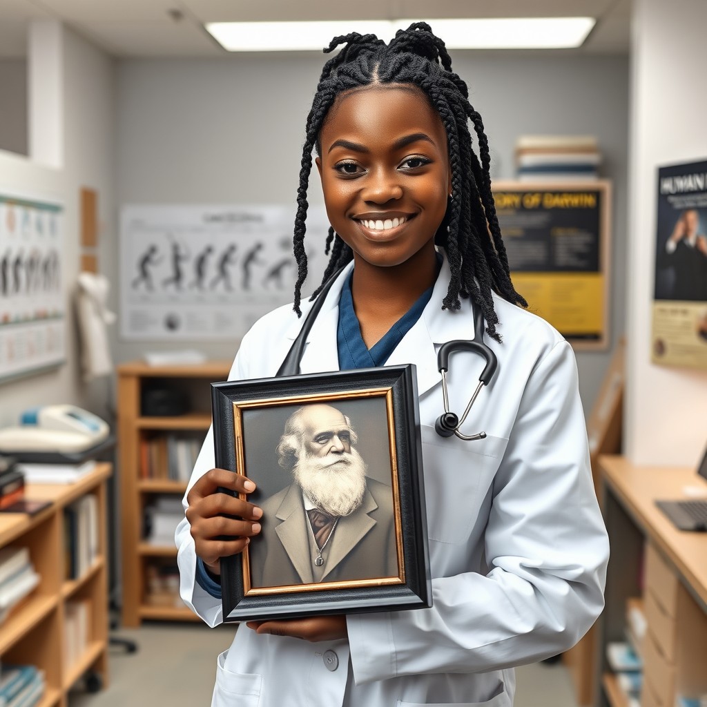 A lightskin black girl, appearing around 17 years old, with stylish box braids in her hair, dressed in a doctor's white coat