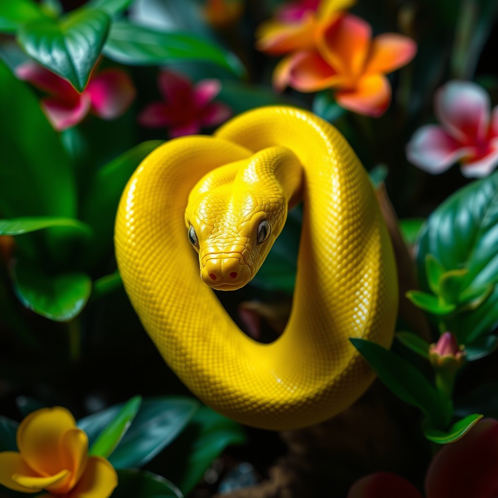 A striking yellow snake coiled gracefully, showcasing its smooth scales that shimmer in the light