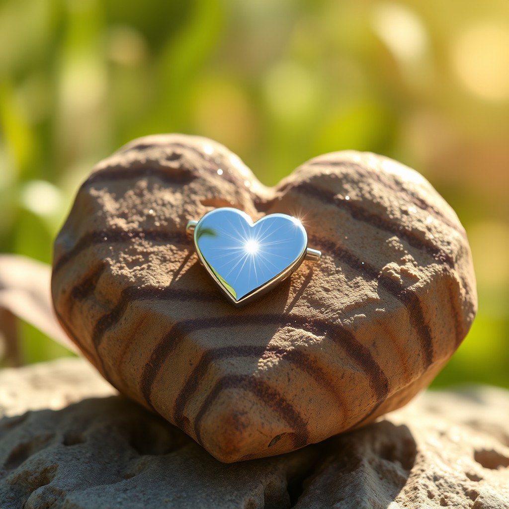 A shiny, elegant pin placed delicately on a beautifully textured rock shaped like a heart