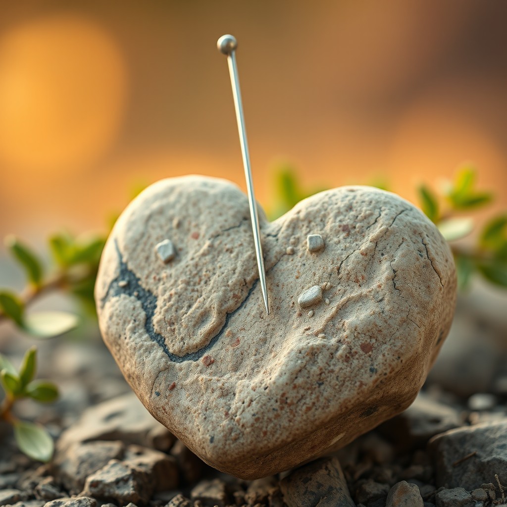 A finely crafted needle elegantly positioned on a beautifully textured rock shaped like a heart