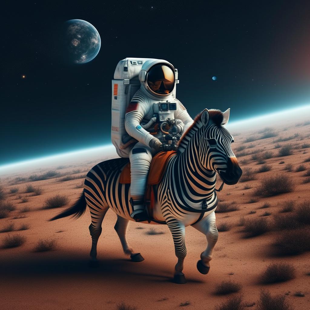 An astronomer riding a zebra in outer space. The zebra is adapted to the environment with astronaut gear.