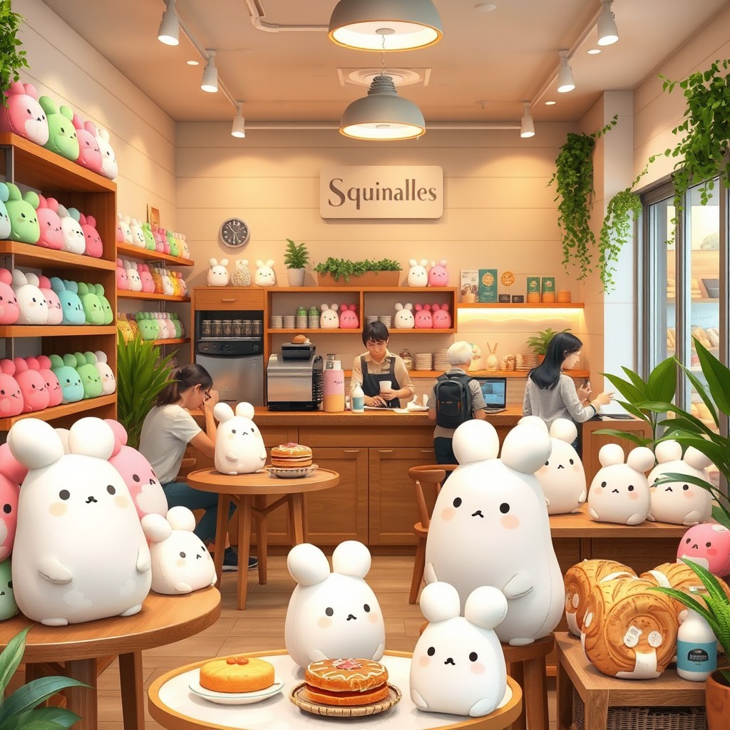 A cozy grocery store cafe filled with colorful Squishmallows, featuring plush toys arranged on shelves and tables, a barista serving coffee behind a stylish counter, patrons enjoying their drinks and snacks, warm lighting creating a welcoming atmosphere, fresh pastries displayed enticingly, and greenery accents adding vibrancy