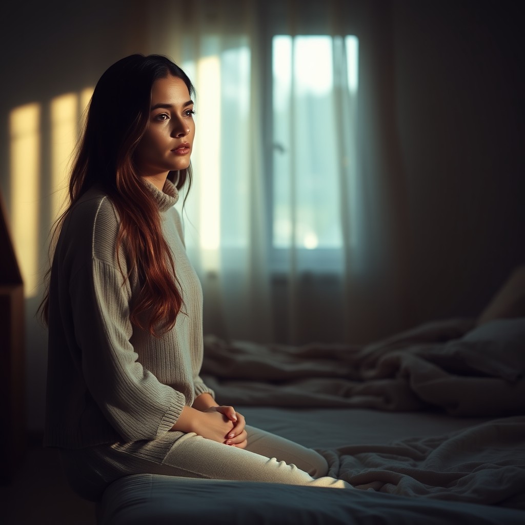 A poignant scene of a woman sitting on the edge of a bed, looking contemplatively as tears gently stream down her face