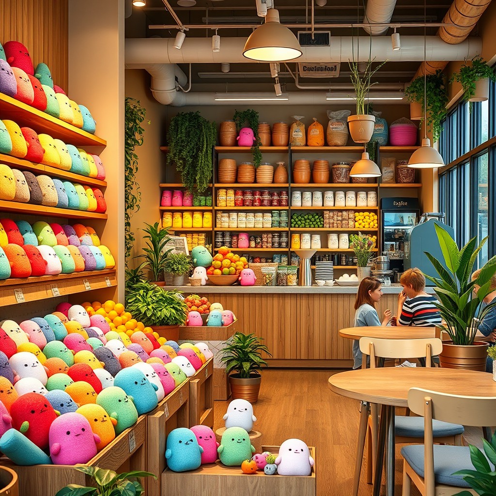 A vibrant grocery store cafe filled with an array of colorful Squishmallows, nestled among fresh produce and shelves of gourmet snacks