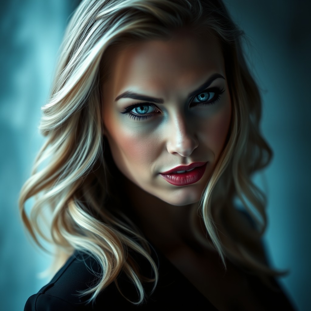 A striking portrait of a blonde woman with an alluring and mischievous expression, conveying a sense of intrigue and a hint of danger