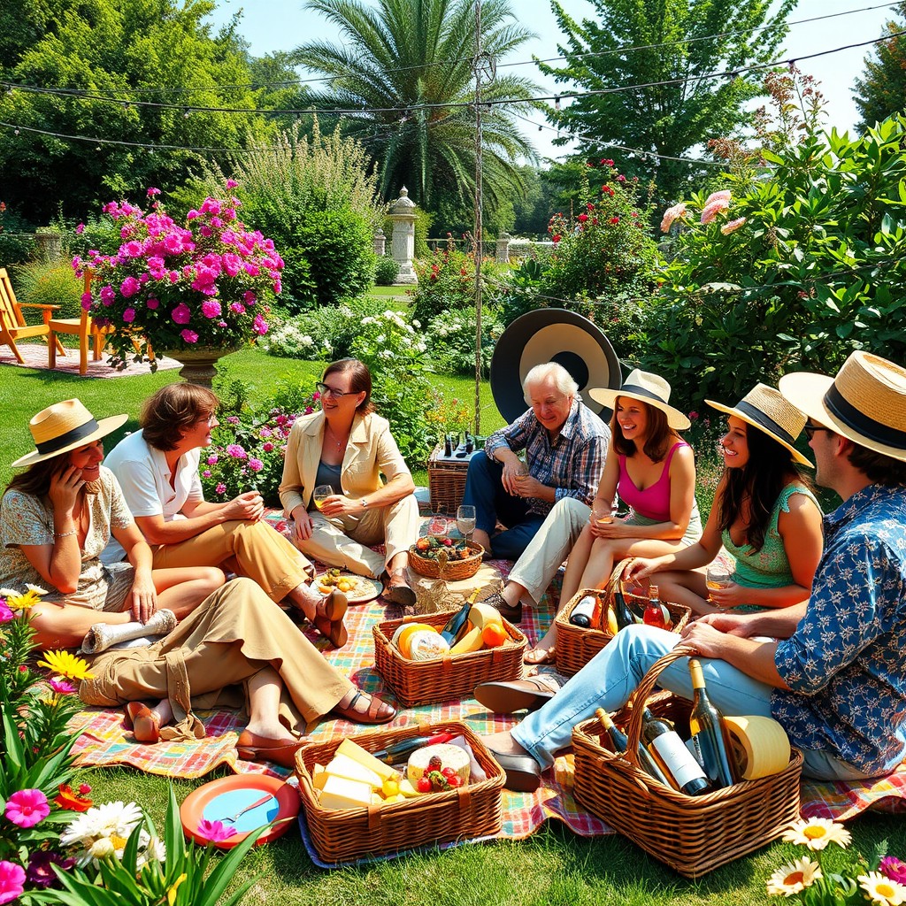 A vibrant 70's garden wine party scene featuring a group of diverse adults enjoying a sunny afternoon