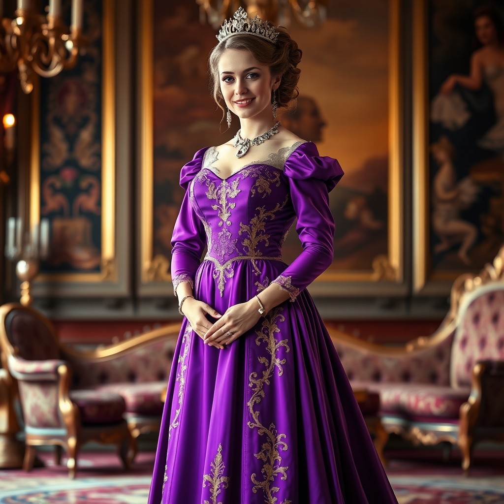A regal portrait of a violet-clad duchess, standing gracefully in an opulent setting
