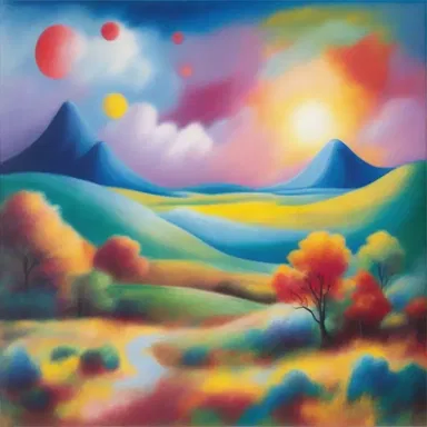 The painting portrays a dreamlike landscape with vibrant colors, symbolizing the artist's imagination reaching apogee.