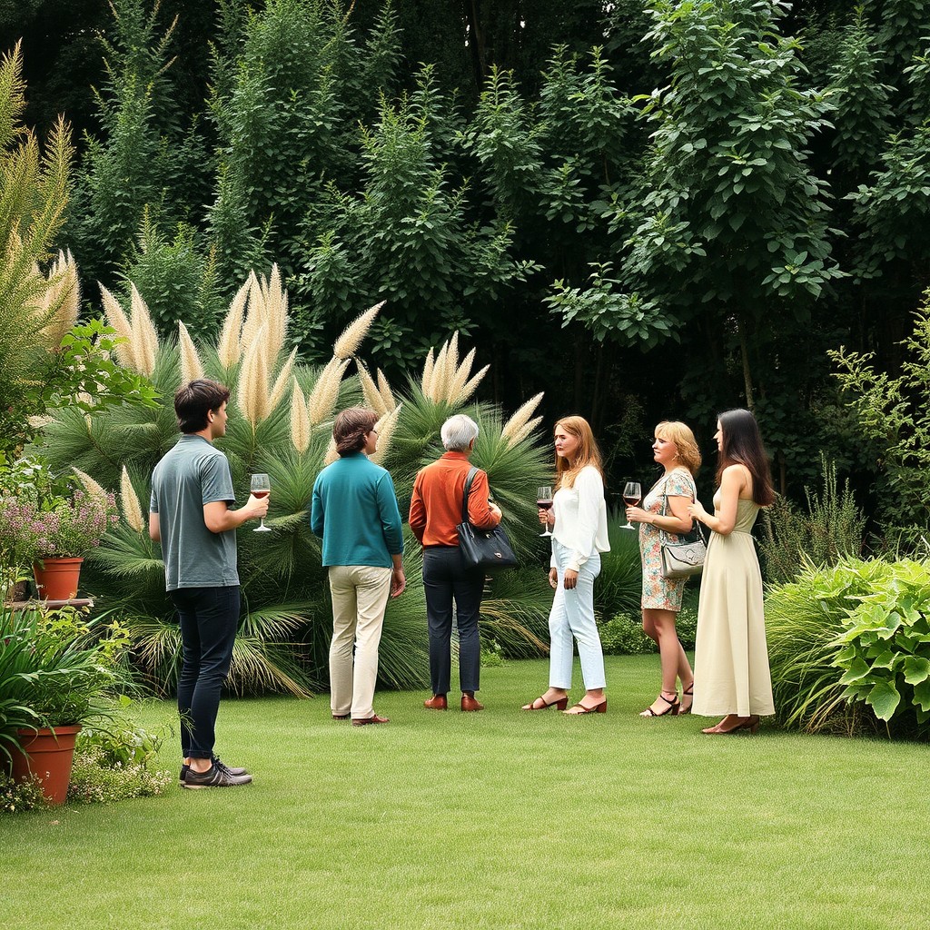 A minimalistic 70's inspired garden wine party scene featuring a small group of people standing from afar, showcasing a variety of plants in the background