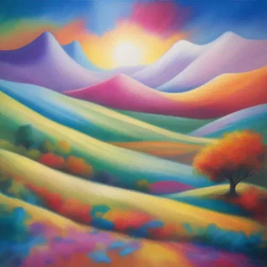 The painting portrays a dreamlike landscape with vibrant colors, symbolizing the artist's imagination reaching apogee.