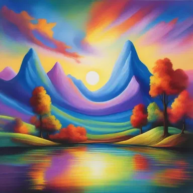 The painting portrays a dreamlike landscape with vibrant colors, symbolizing the artist's imagination reaching apogee.