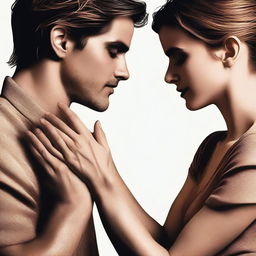 A high-quality digital art image depicting Emma Watson in a sensual moment with an unidentified man, their hands touching