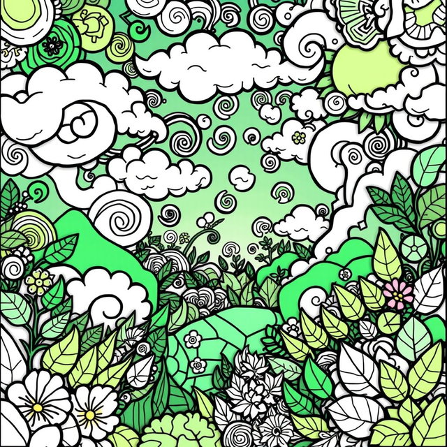 A whimsical and vibrant dreamscape coloring page featuring intricate patterns and textures