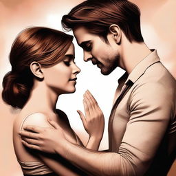 A high-quality digital art image depicting Emma Watson in a sensual moment with an unidentified man, their hands touching