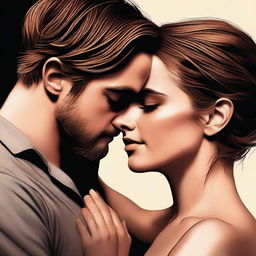 A high-quality digital art image depicting Emma Watson in a sensual moment with an unidentified man, their hands touching