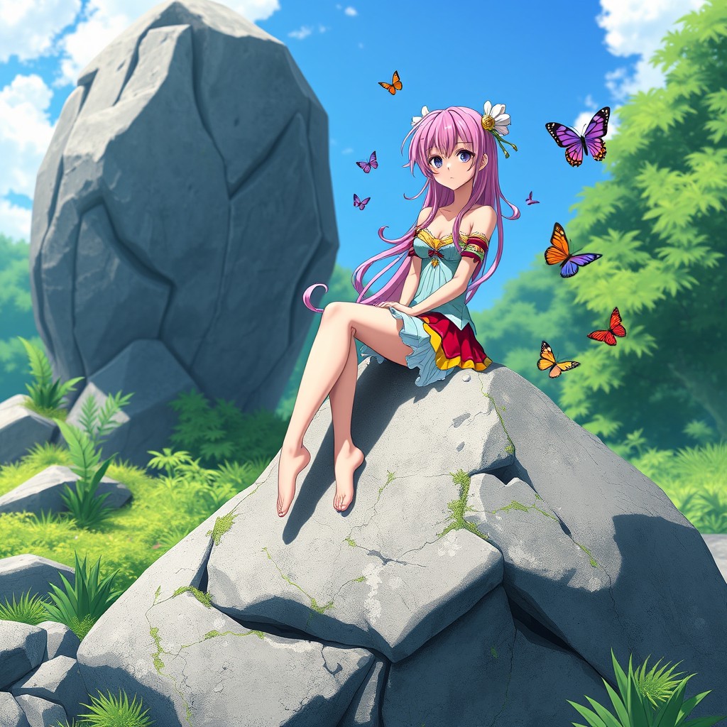 A character inspired by Perona from One Piece, elegantly sitting on a large, natural rock in a tranquil setting