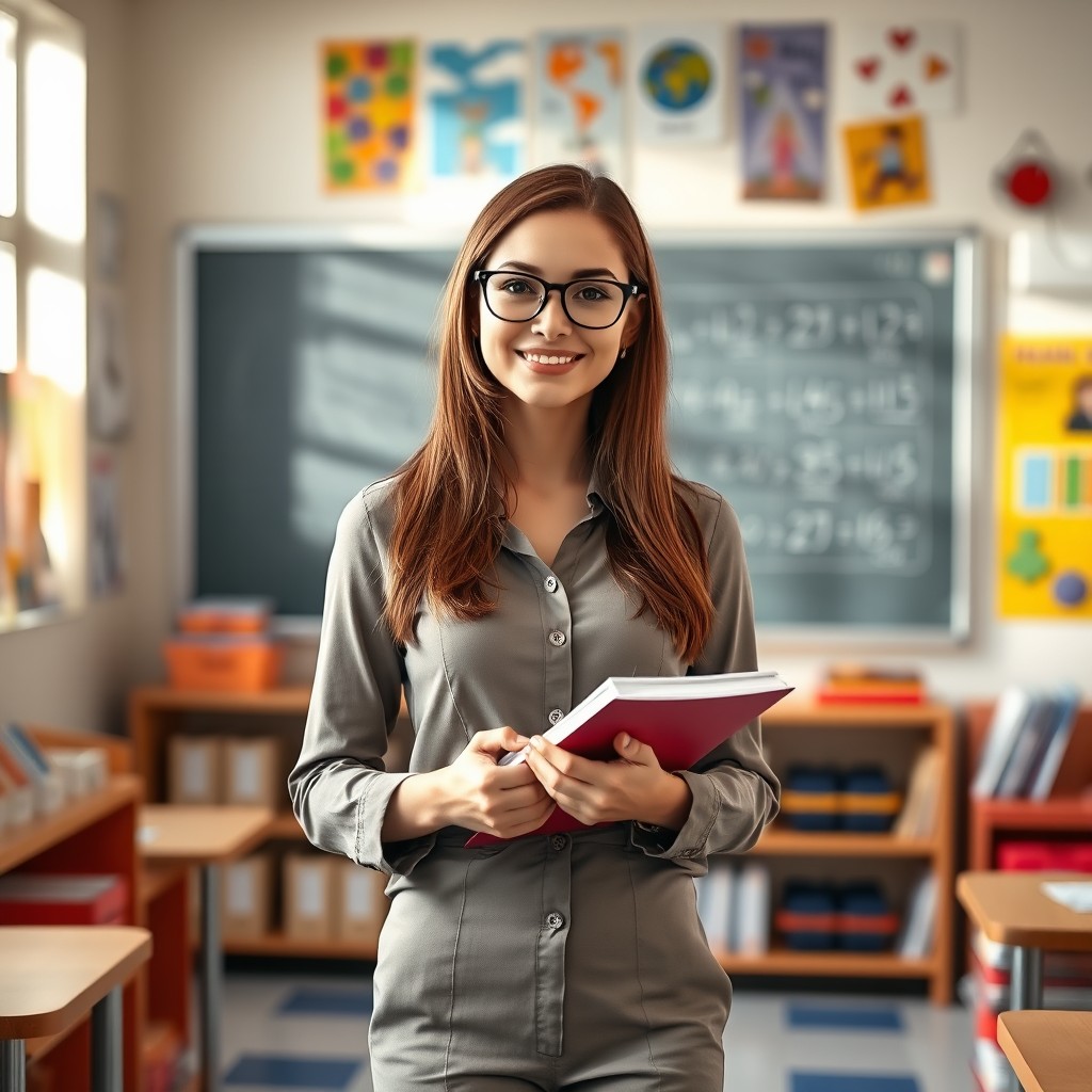A young, attractive female teacher standing in a bright classroom filled with educational posters and books