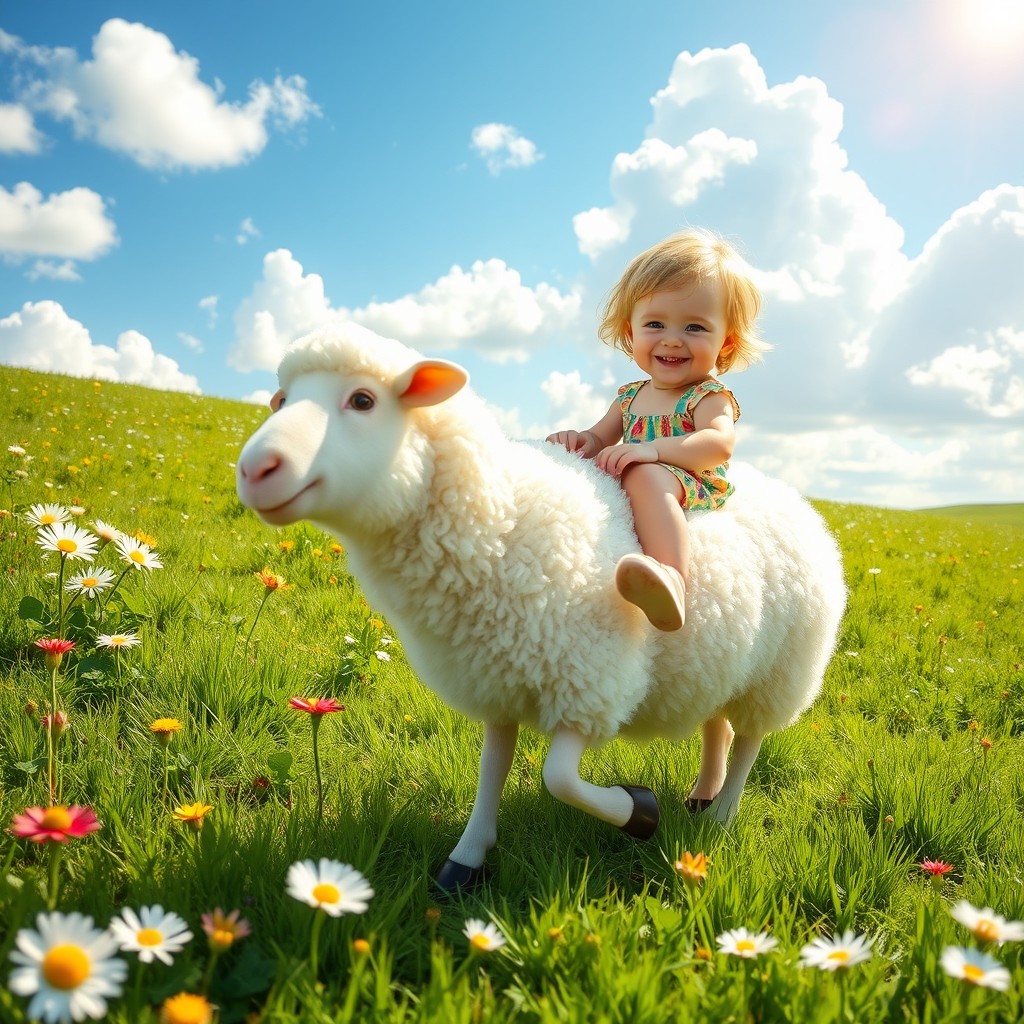 A whimsical scene featuring a young child joyfully riding a fluffy white sheep across a lush green meadow, surrounded by blooming wildflowers and under a bright blue sky with fluffy clouds