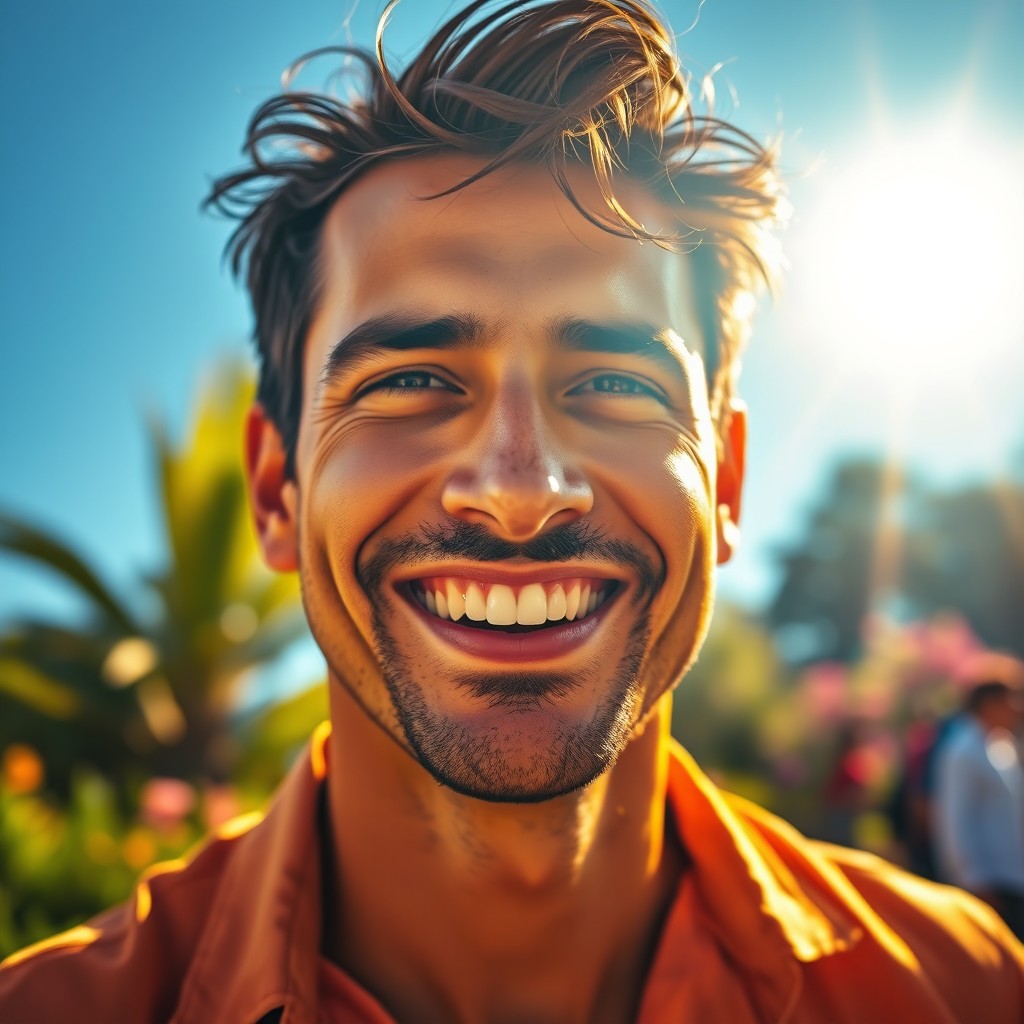 A vibrant portrait of a man named Martí, basking in the warm sunlight with a joyful expression on his face