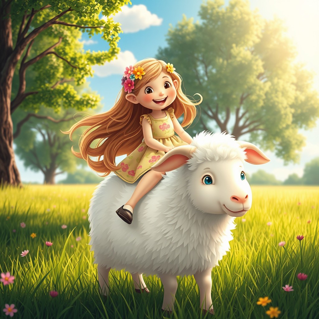 A whimsical and playful scene of a young girl with a big smile riding on the back of an adorable fluffy sheep in a lush green meadow