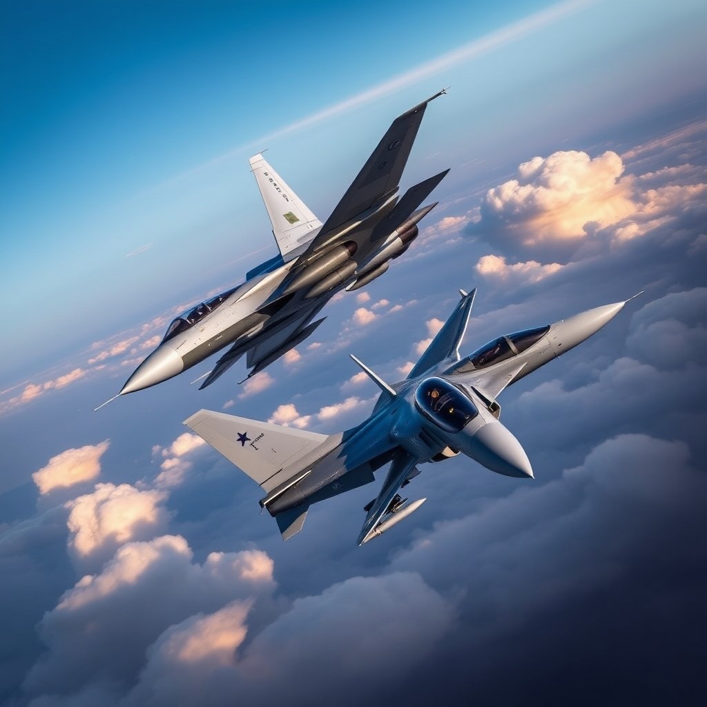 A dynamic air combat scene showcasing a J-10 jet fighter engaging in a maneuver against an Rafael jet fighter
