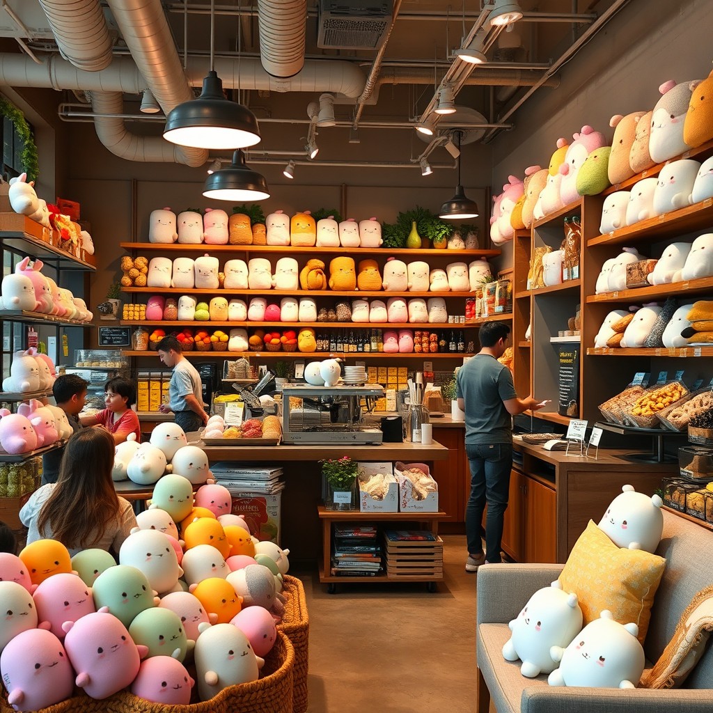 A delightful grocery store cafe bustling with activity, showcasing a variety of adorable Squishmallows displayed throughout the space