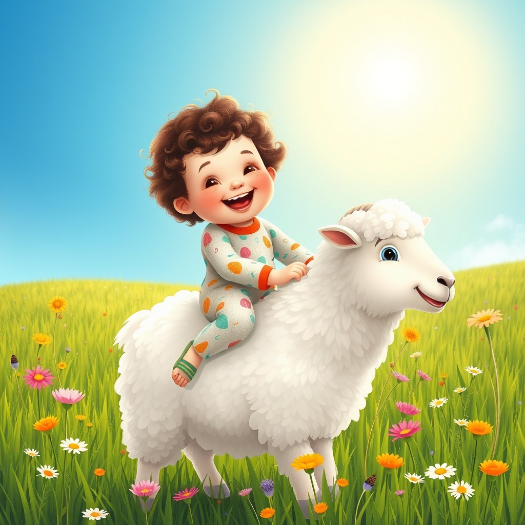 A whimsical scene of a cheerful baby boy with curly hair joyfully riding a fluffy white sheep in a vibrant green meadow