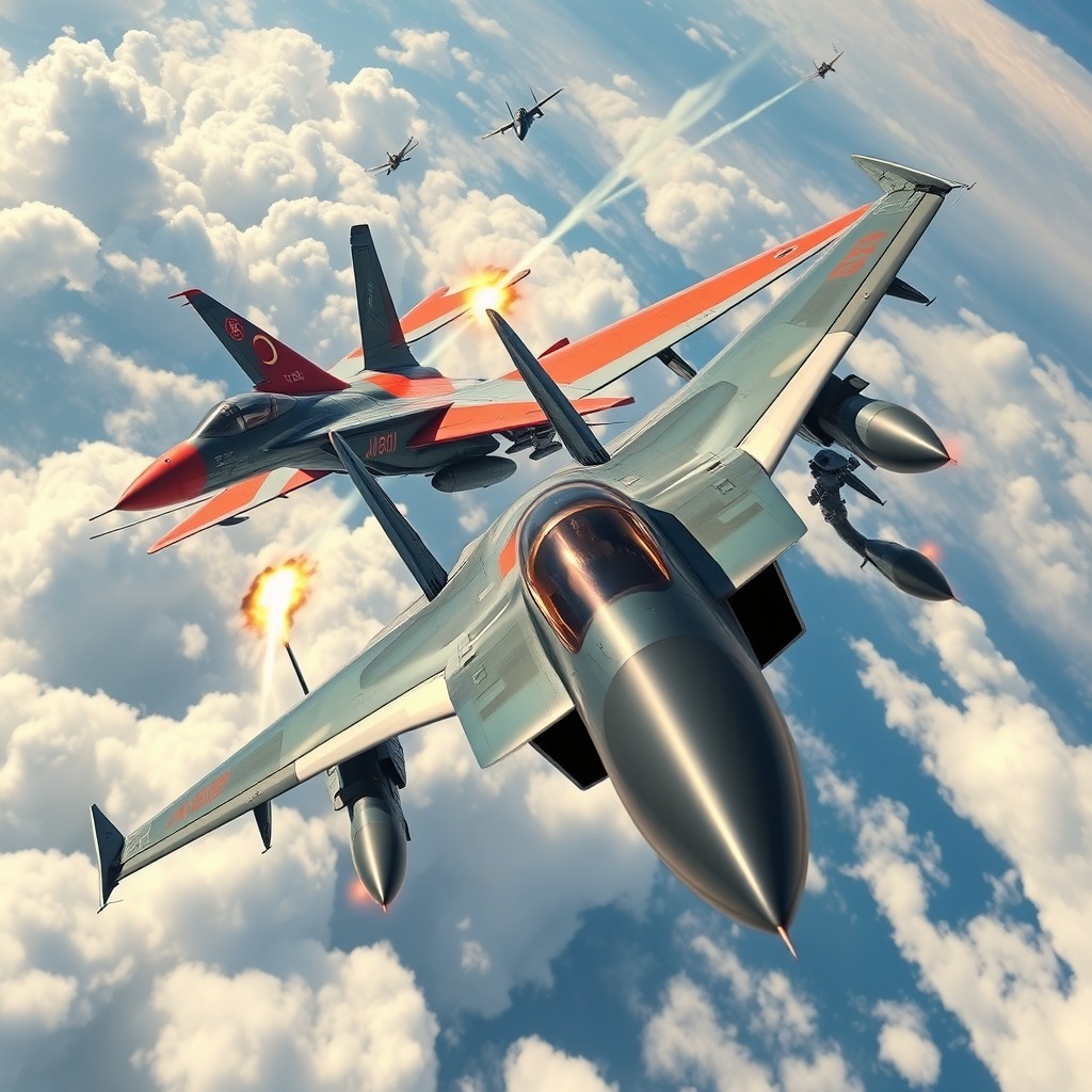 A thrilling aerial combat scene showcasing a Chinese J-10 fighter jet skillfully maneuvering against a Rafael combat aircraft in a dramatic dogfight