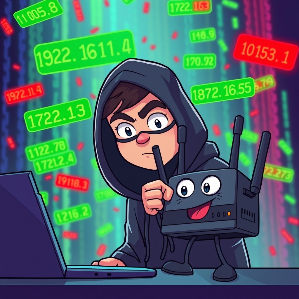 A lively 16:9 scene featuring a cartoon hacker, dressed in a dark hoodie and looking focused as he attempts to hack into a network