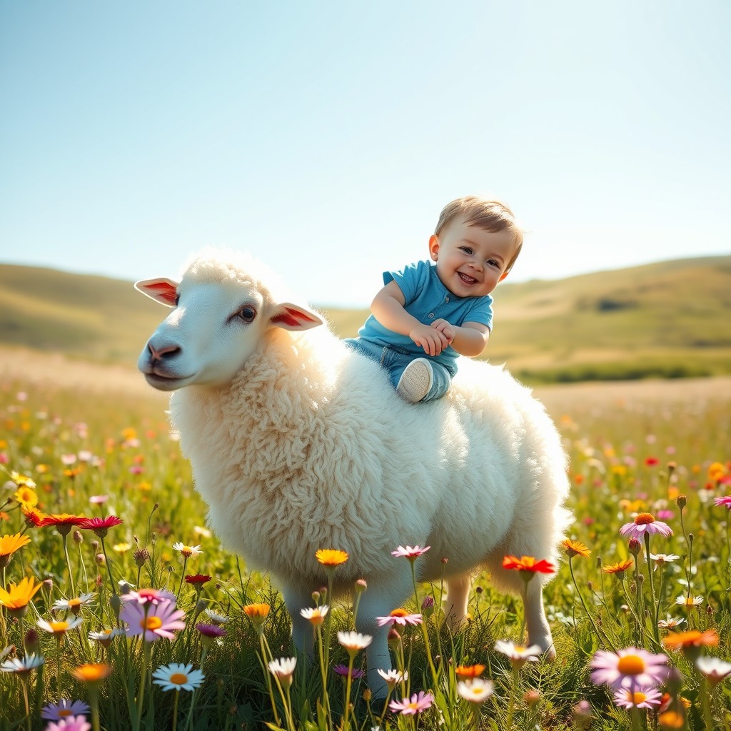 A whimsical and charming scene of a baby boy joyfully riding a fluffy, white sheep in a sunny meadow