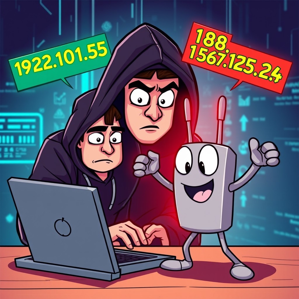 A humorous scene set in a playful, cartoonish style, featuring a hacker in a dark hoodie, intently focused on his laptop as he attempts to breach a network