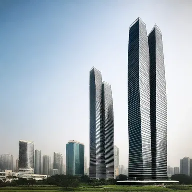 The towering skyscraper with its exquisite design and luxurious interiors represents the apogee of modern architecture.