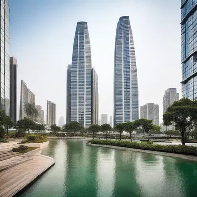 The towering skyscraper with its exquisite design and luxurious interiors represents the apogee of modern architecture.