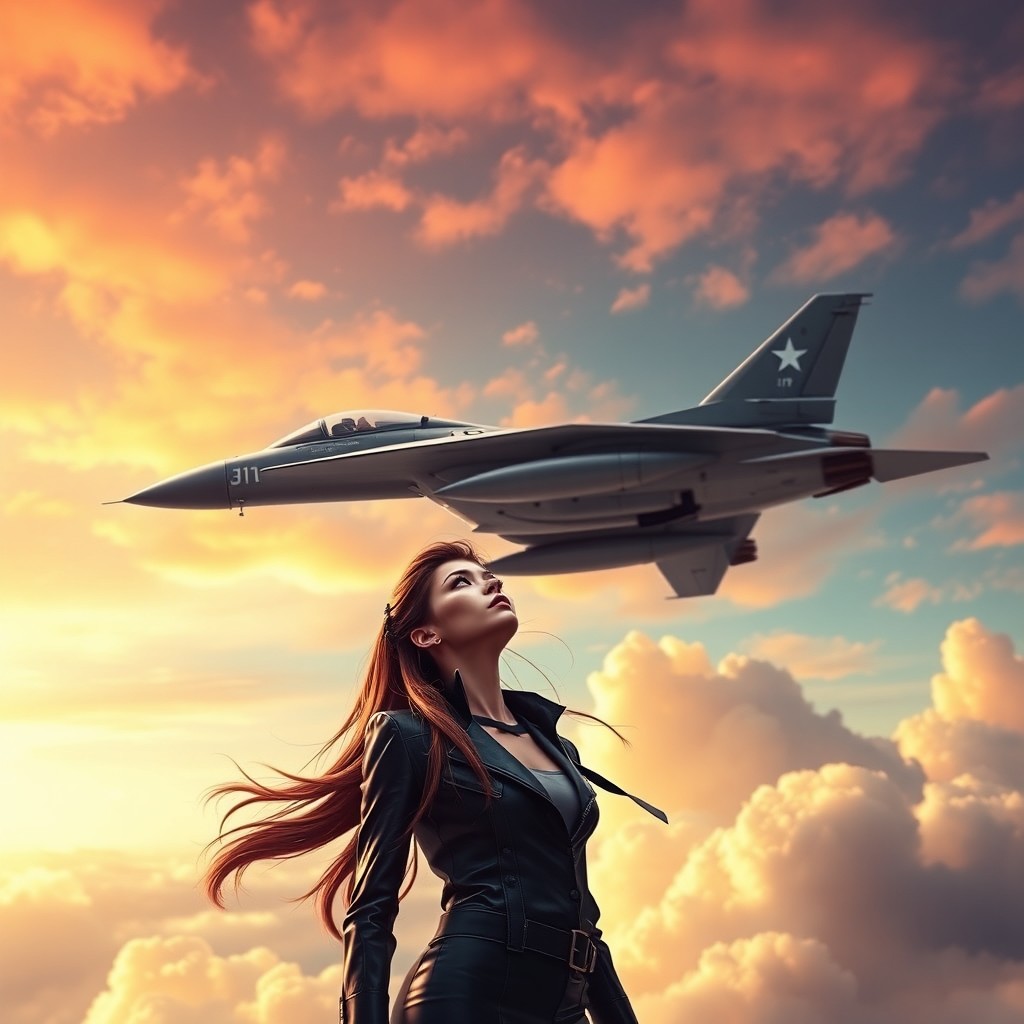 A visually striking and dynamic scene featuring a J-10 fighter jet executing an aerial maneuver against a backdrop of a vibrant, cloud-filled sky