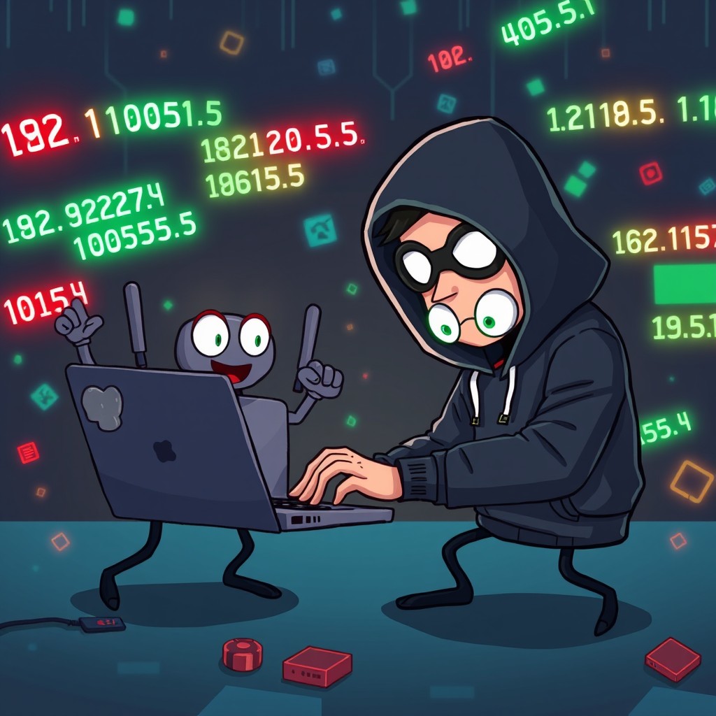 A humorous cartoon scene in a 16:9 aspect ratio depicting a hacker, clad in a dark hoodie, intensely trying to break into a network on his laptop