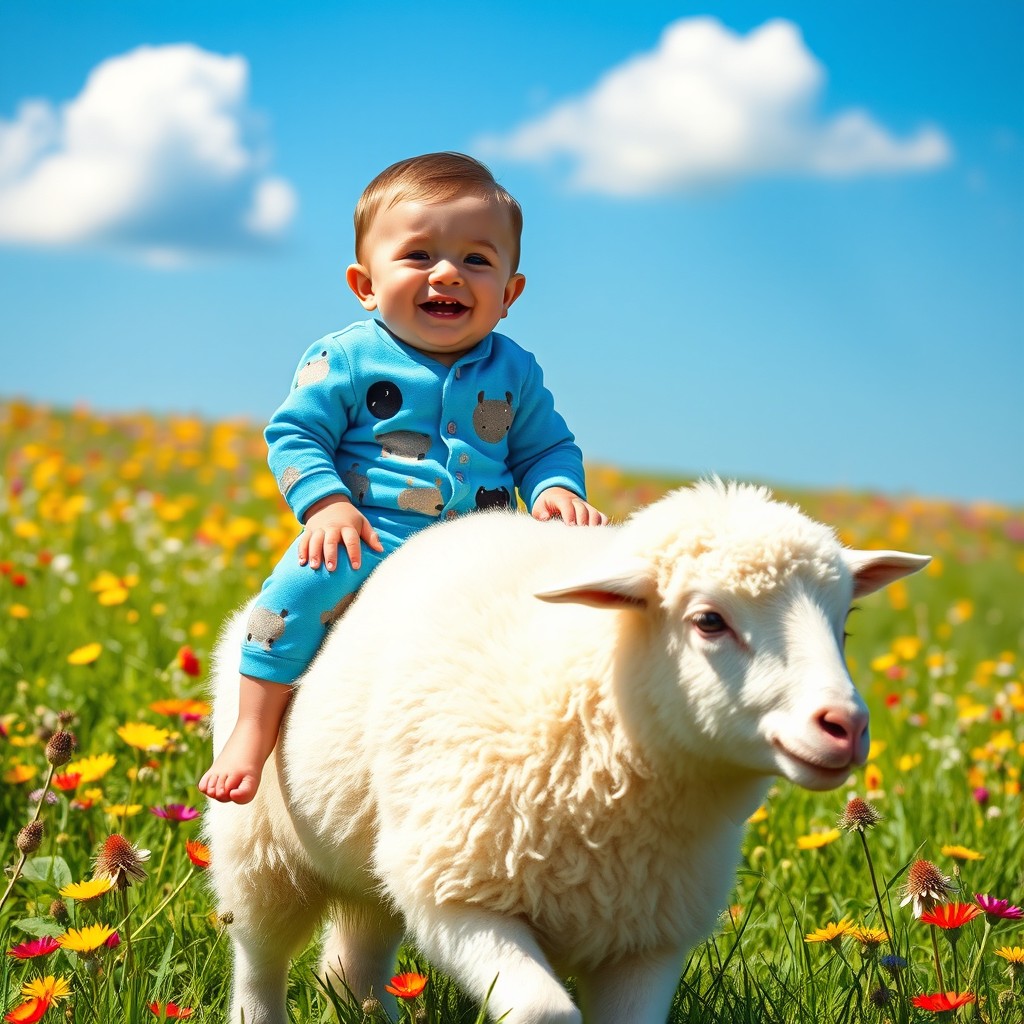 Joyful Baby Boy Riding a Fluffy Sheep in a Sunny Meadow